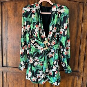 PatBO | Green Floral Print Mini Wrap Dress Long Sleeves | XS
